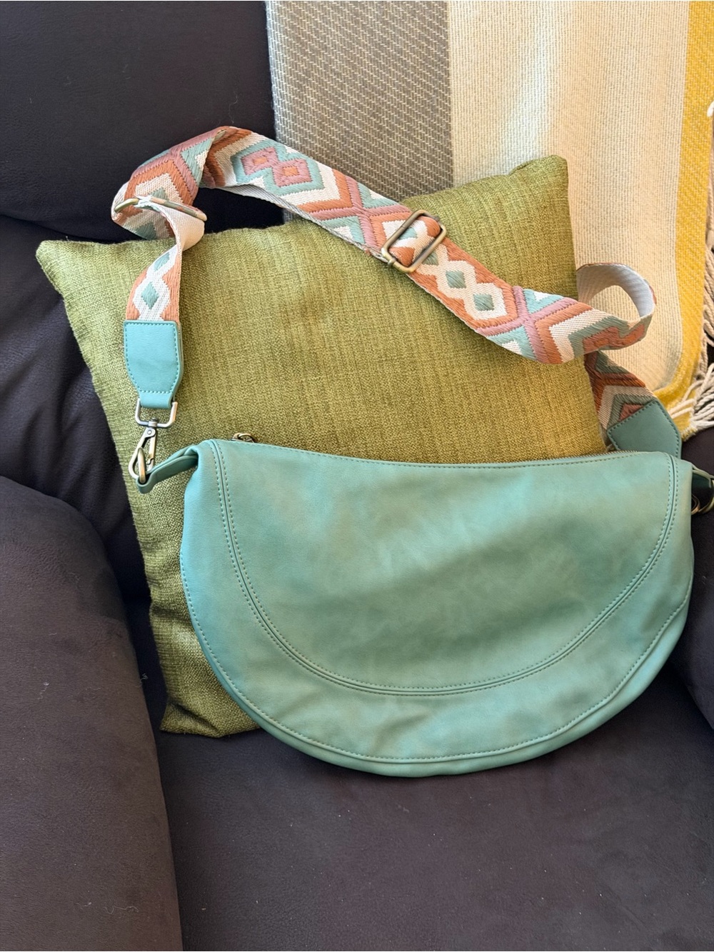 Women’s Anthropology Green Crescent Shoulder Bag with Patterned Strap - Picture 2 of 3